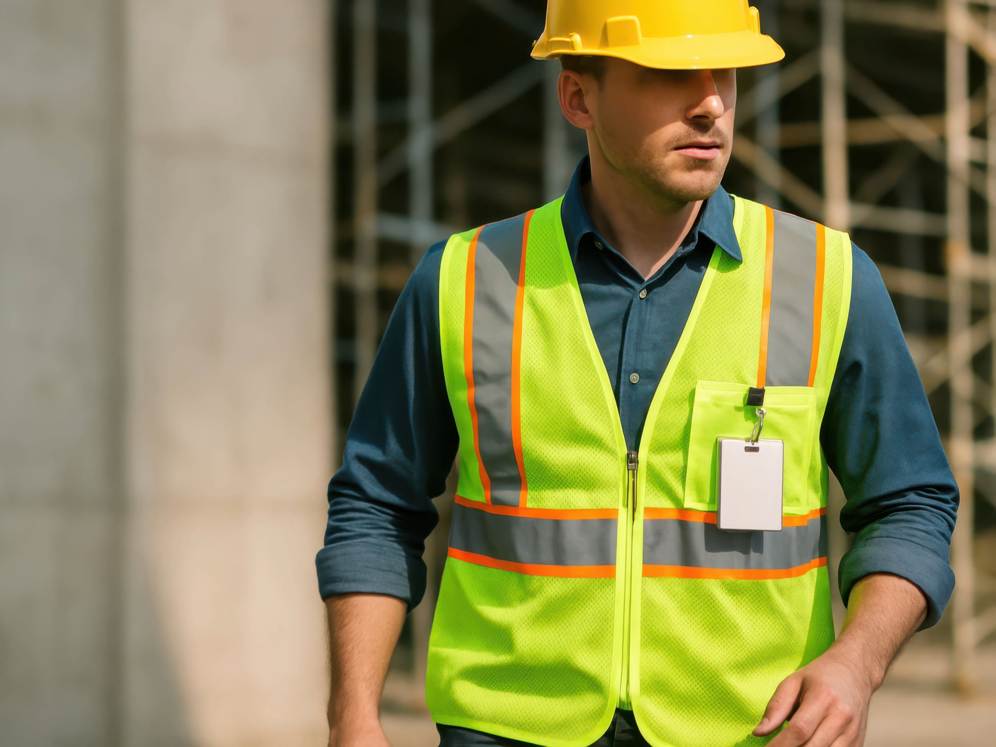Lavoratore di un'impresa edile con badge di cantiere