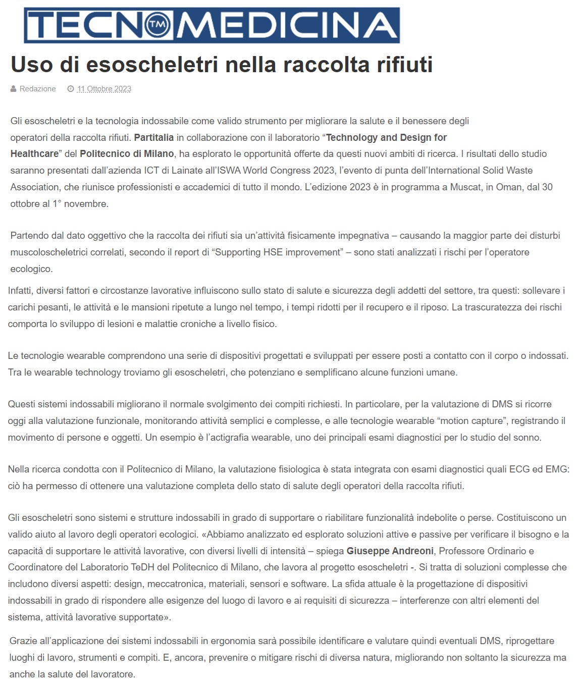 partitalia presenta gli esoscheletri per la raccolta rifiuti all'iswa world congress 2023