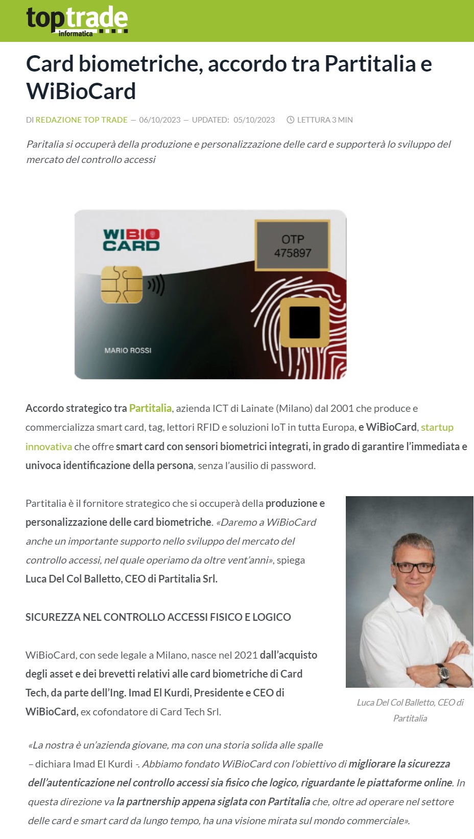 partitalia sigla un accordo con wibiocard per la produzione delle card biometriche